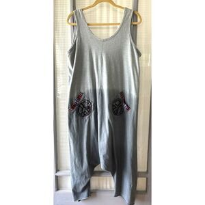 Ark Imports Gray Cotton Harem Jumpsuit Peace Sign Patch Boho Nepal L/XL